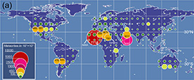 Distribution maps of meteorites based on the Meteoritical Bulletin Database as of 13 March, 2018, excluding the meteorites found or fallen in 2018 and meteorites found on the other planets (Mars and Moon; 8 meteorites). a) Distribution of all meteorites (finds and falls; total 20910, Antarctic meteorites, amounting to 36887 not shown) shown as the number of meteorites in 10  10 meshes, mainly based on the geographical coordinates in the database. The coordinates of the capitals are used when the country name is solely known. Due to the lack of information, 26 meteorites are not plotted. The Northwest Africa (NWA) and Sahara meteorites are plotted separately. b) Distribution of meteorites approved by the Nomenclature Committee of the Meteoritical Society the last 5 years (20132017). c) Distribution of the falls, including Fall, Confirmed fall, and Probable fall (1162 meteorites). The density of the falls, color scale, is calculated as the number of the falls N in the 2  2 mesh nearby the plotted fall divided by the area of the mesh (4 square degrees).