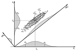 Rys. B1. Przykad klastra o niediagonalnej macierzy kowariancji (zmienne x s skorelowane) w pierwotnym ukadzie wsprzdnych (X) i jego opis w przestrzeni skadowych gwnych (PC, Principal Components), gdzie przetransformowane zmienne (pc) nie s ju skorelowane.