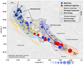 Meteoryt Saint-Pierre-le-Viger, elipsa spadku - strewnfield
