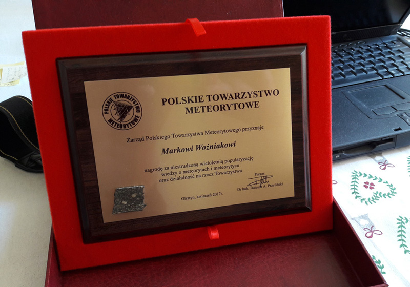NWA5507 - Nagroda (prezent) od Zarzdu Polskiego Towarzystwa Meteorytowego
