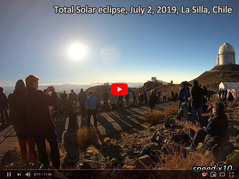 Total Solar eclipse, July 2, 2019, La Silla Observatory, Chile (timelapse x10) (Całkowite zaćmienie Słońca, 2 lipca 2019 r.)