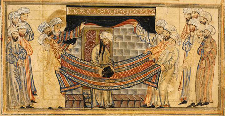 Miniatura przedstawiająca ponowne poświęcenie Czarnego Kamienia przez Mahometa